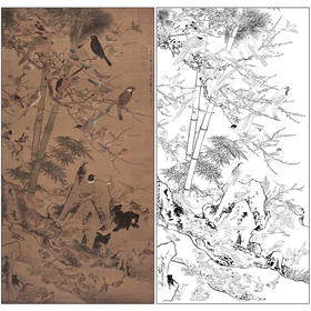 边景昭花鸟工笔画白描底稿《三友百禽图》临摹勾线高清打印稿MD01