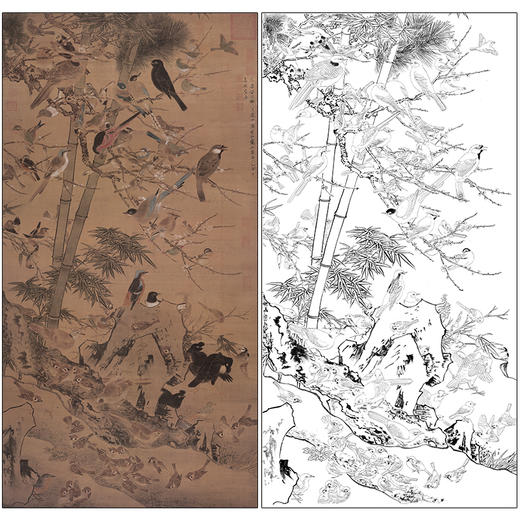 边景昭花鸟工笔画白描底稿《三友百禽图》临摹勾线高清打印稿MD01 商品图0