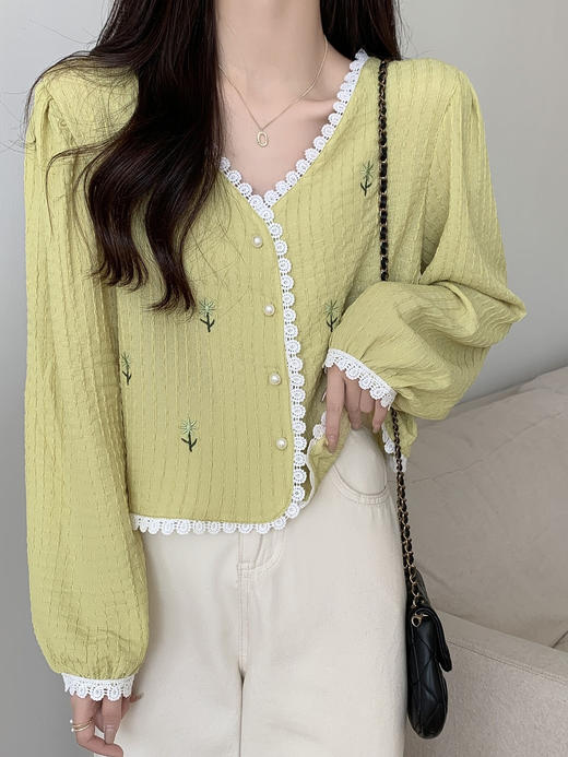 【V领短款长袖刺绣花朵小开衫】秋季韩系减龄百搭宽松显瘦小个子上衣 商品图3