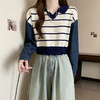 【短款拼接牛仔长袖针织衫】秋季新款撞色条纹V领宽松显瘦上衣小衫 商品缩略图5