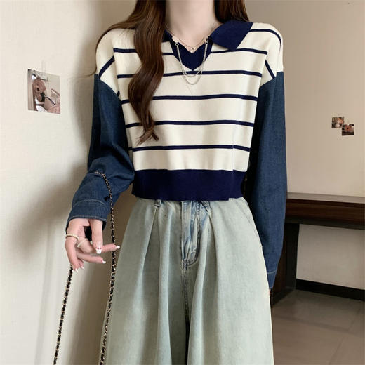 【短款拼接牛仔长袖针织衫】秋季新款撞色条纹V领宽松显瘦上衣小衫 商品图5