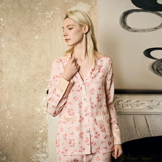 Solo seta真丝印花睡衣套装桑蚕丝长袖长裤提花家居服女丝绸凉感 商品图2