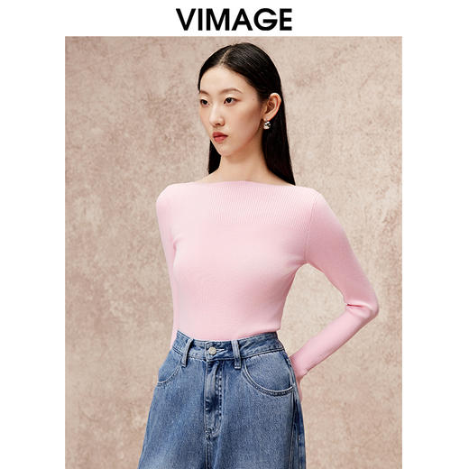 VIMAGE纬漫纪简约干净修身显瘦粉色长袖针织衫秋季新款V2201802 商品图2