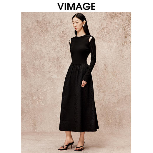 VIMAGE纬漫纪秋季新款气质修身显瘦露肩长袖黑色连衣裙V2207815 商品图1