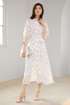 Le Malene 白色灯笼袖闪电图案连衣裙 13373