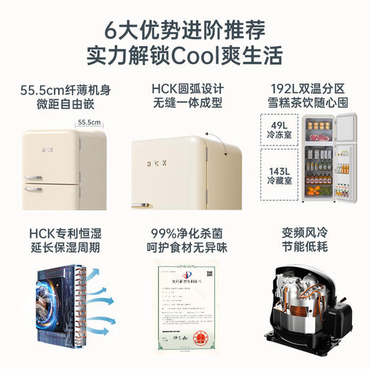 哈士奇HCK客厅冰箱变频节能复古双门风冷无霜家用超薄嵌入式冷藏冷冻双温冰箱变温低噪 【变频风冷】 192L 商品图2