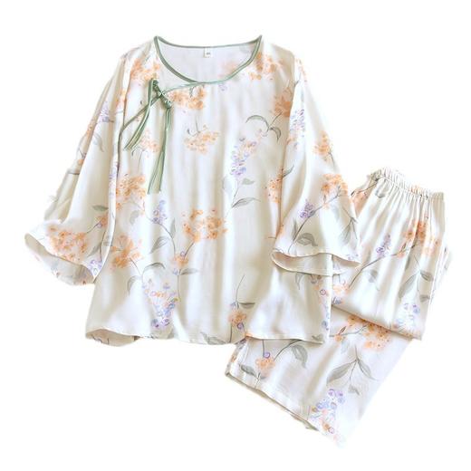 雀说贡缎棉绸睡衣女春夏中式盘扣家居服套装薄款印花空调服中国风AL 商品图4