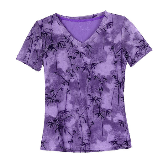 KQL-E249N9531夏季新款网纱印花植绒T恤时尚修身显瘦短袖V领打底衫 商品图4