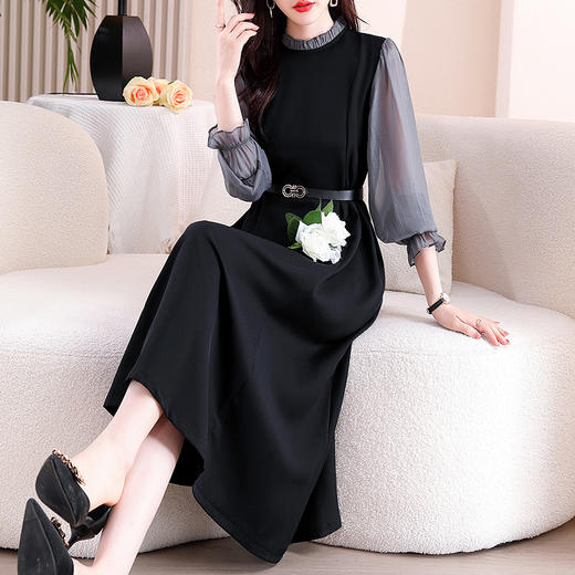 雀说撞色连衣裙新款时尚洋气圆领木耳乌青色拼接减龄中长裙AL9666 商品图3