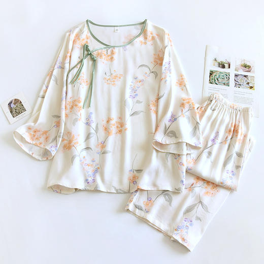 雀说贡缎棉绸睡衣女春夏中式盘扣家居服套装薄款印花空调服中国风AL 商品图5