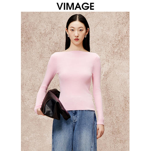 VIMAGE纬漫纪简约干净修身显瘦粉色长袖针织衫秋季新款V2201802 商品图0