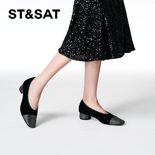 星期六通勤百搭绒面细钻粗跟单鞋SSC3111108 商品图5