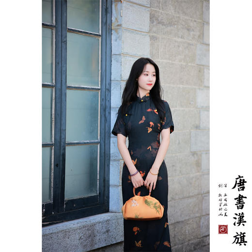 【浮蝶】黑色缎面提花印花旗袍新中式复古民国风蝴蝶元素气质日常 商品图3