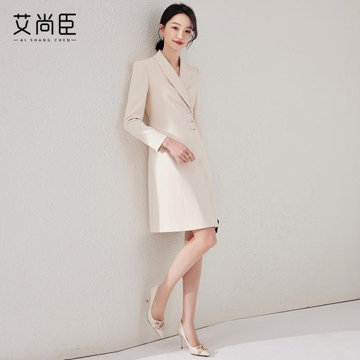 艾尚臣气质主持人长袖青果领连衣裙正式场合正装新中式小A裙盘扣 商品图4