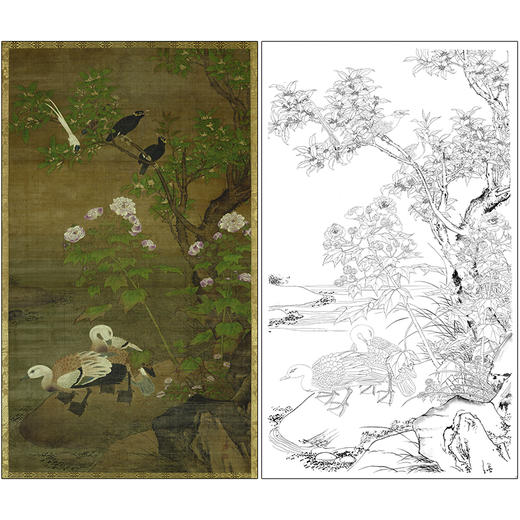 吕纪花鸟工笔画白描底稿《四季花鸟图》临摹勾线高清打印稿MD12 商品图0