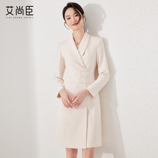 艾尚臣气质主持人长袖青果领连衣裙正式场合正装新中式小A裙盘扣 商品图3