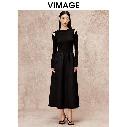 VIMAGE纬漫纪秋季新款气质修身显瘦露肩长袖黑色连衣裙V2207815 商品图4