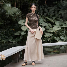 西遇紫色新中式古风设计短袖女新款纯棉透气舒适咖色T恤10740174/V0050549