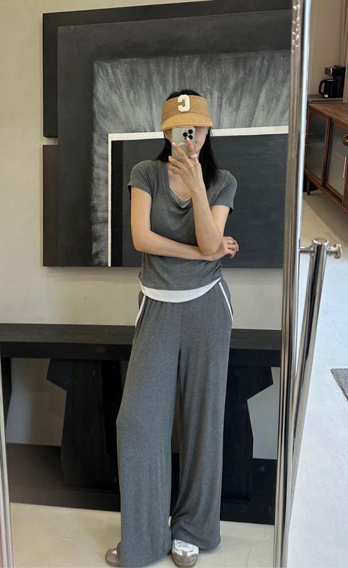 【包邮发顺丰】99911 洛诗琳新款假两件设计修身短袖T恤夏季宽松垂感阔腿休闲裤两件套 KTT038 商品图5