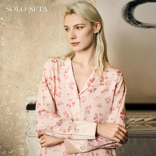 Solo seta真丝印花睡衣套装桑蚕丝长袖长裤提花家居服女丝绸凉感 商品图0