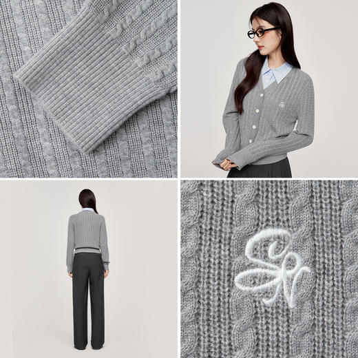 【严选】诗凡黎可脱卸衬衫领绞花针织开衫2024秋新款miu系刺绣假两件上衣7F8330081 商品图3