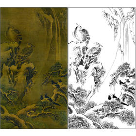 吕纪花鸟工笔画白描底稿《四喜图》临摹勾线高清打印稿MD14