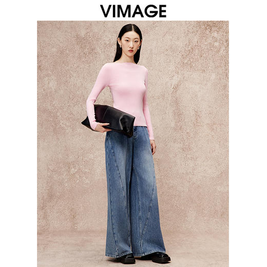 VIMAGE纬漫纪简约干净修身显瘦粉色长袖针织衫秋季新款V2201802 商品图1