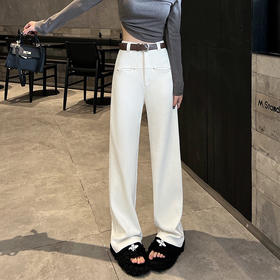 百媚生 雪尼尔窄版阔腿裤女高腰垂感休闲西装保暖直筒裤（不含腰带） L602