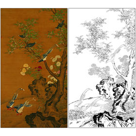 吕纪花鸟工笔画白描底稿《桂菊山禽图》临摹勾线高清打印稿MD06