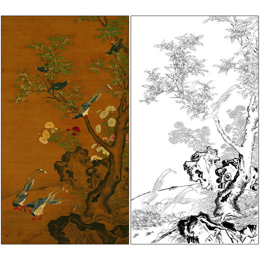 吕纪花鸟工笔画白描底稿《桂菊山禽图》临摹勾线高清打印稿MD06 商品图0