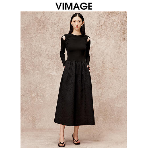 VIMAGE纬漫纪秋季新款气质修身显瘦露肩长袖黑色连衣裙V2207815 商品图0