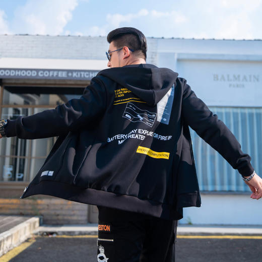 【新款DMH】大依优型大码连帽开衫卫衣外套拼接男宽松加肥加大码上衣夹克运动潮流帽衫 商品图4