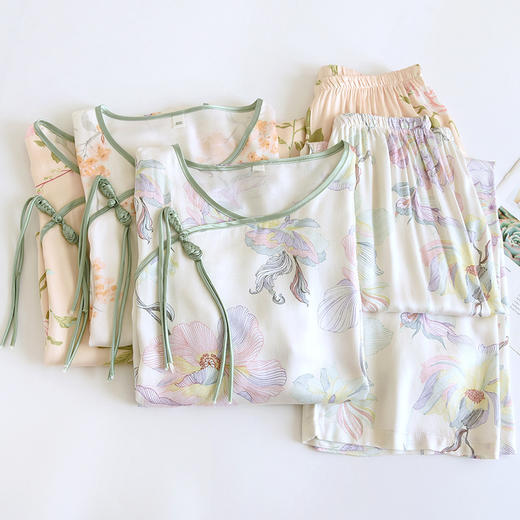 雀说贡缎棉绸睡衣女春夏中式盘扣家居服套装薄款印花空调服中国风AL 商品图1