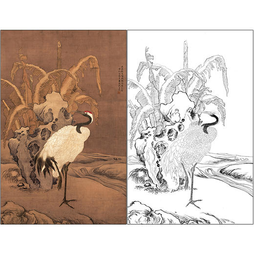 吕纪花鸟工笔画白描底稿《蕉岩鹤立图》临摹勾线高清打印稿MD07 商品图0