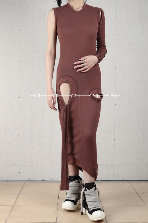 Rick Owens | 砖红色粘胶丝罗纹针织香蕉上衣连衣裙 商品图0