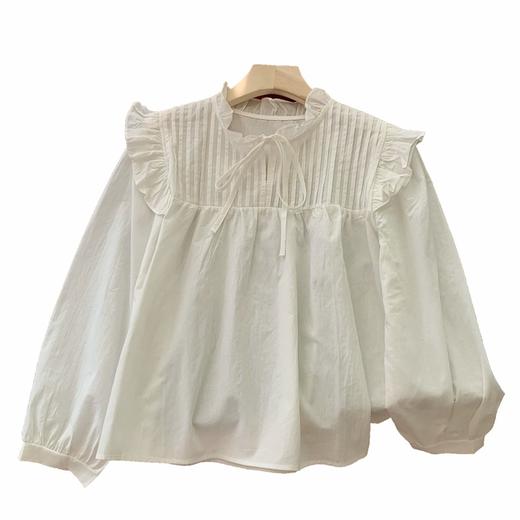 【法式褶皱系带立领长袖衬衫】春秋季 设计感小众宽松荷叶边娃娃衫上衣 商品图4