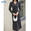 NUTS2023秋季新款V领泡泡袖连衣裙女高级感褶皱显身材4351001A1 商品缩略图1