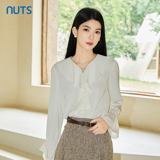 NUTS秋季2023新款荷叶边甜美衬衫女长袖上衣别致打底衫4350101A1 商品图0