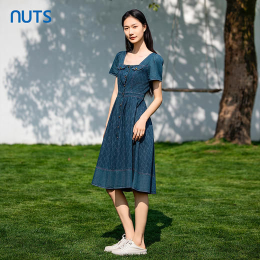 NUTS女装连衣裙夏季方领复古印花收腰显瘦牛仔短袖裙子423102260 商品图1