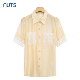 NUTS夏季宽松时尚v领蕾丝短袖袖衬衫221011248B
