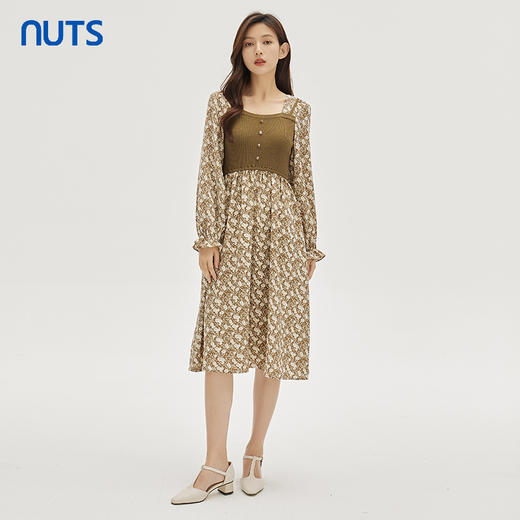 NUTS春秋季新款时尚气质休闲风碎花拼接设计长袖连衣裙333102180 商品图2