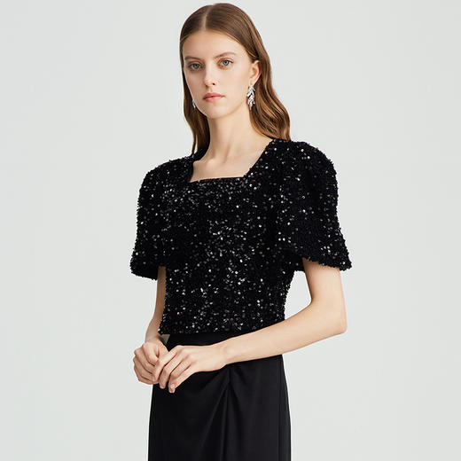 EITIE爱特爱星空亮片黑色显瘦修身短款上衣7613302 商品图2