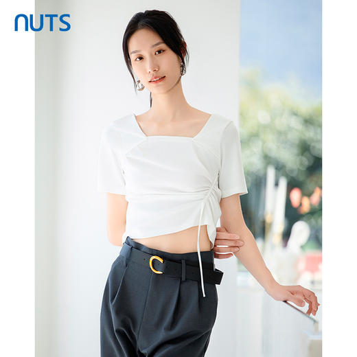 NUTS夏季新款方领设计感抽绳短袖衬衫上衣女425022241 商品图0