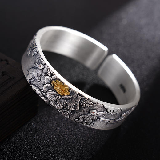 子佩集S999银【兔嗅芳华】手镯【YS011】纯银手镯带金色嵌真金仿古2408 商品图4