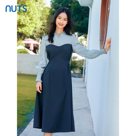 NUTS秋季新款2023时尚气质拼接设计收腰显瘦长袖连衣裙4351003A1 商品图1