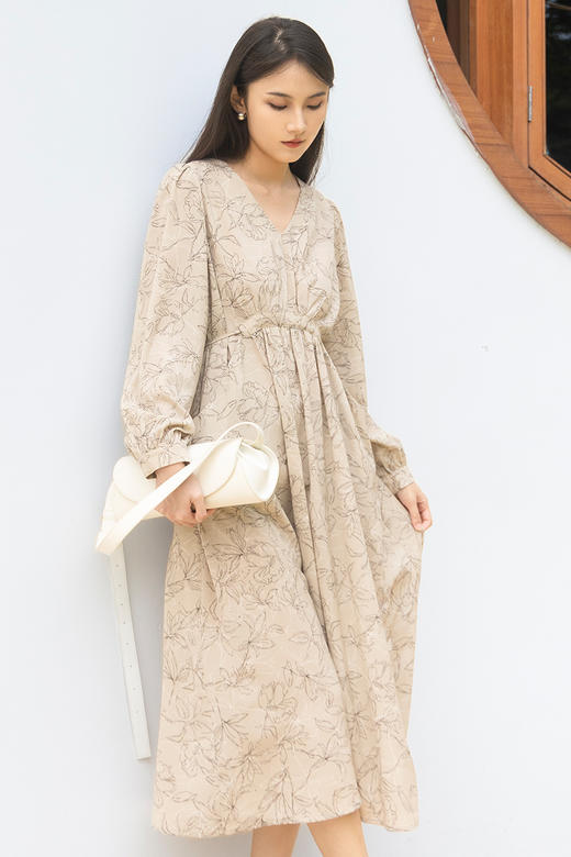 NUTS秋季新款洋气优雅气质V领收腰显瘦长袖时尚连衣裙4321007A1 商品图5