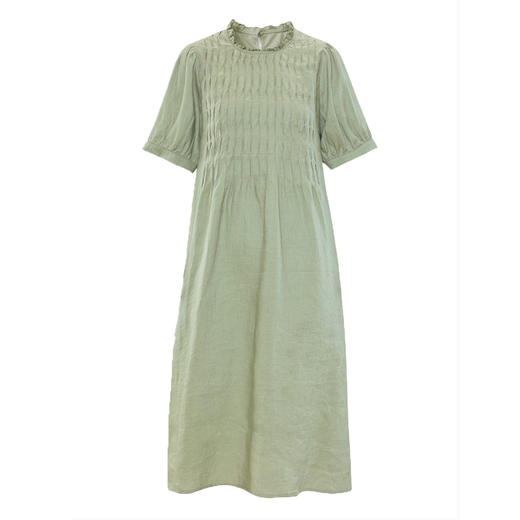 HM-S437春夏新款高端亚麻连衣裙中袖圆领木耳边温柔风琴褶文艺A字裙 商品图4