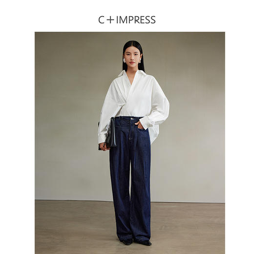 西嘉美式复古棉天丝亚麻混纺牛仔明线设计感简约廓形衬衫套装CS2403053 商品图6