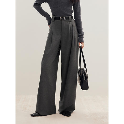 棉仓356618002-高腰双褶裥宽腰袢大直筒西裤羊毛混纺西裤 商品图0