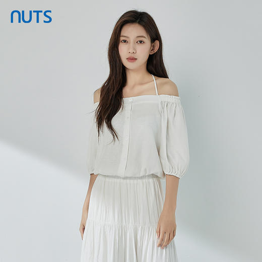 NUTS一字肩上衣女夏季小众泡泡袖小个子短款娃娃衫429011363 商品图0